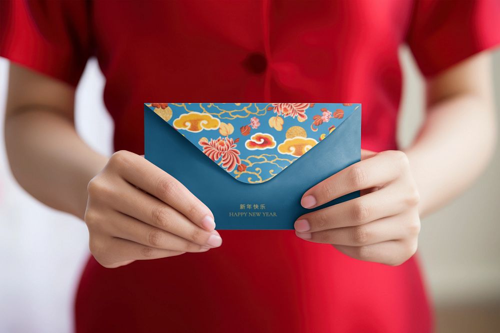 Blue envelope mockup, editable Chinese hongbao design