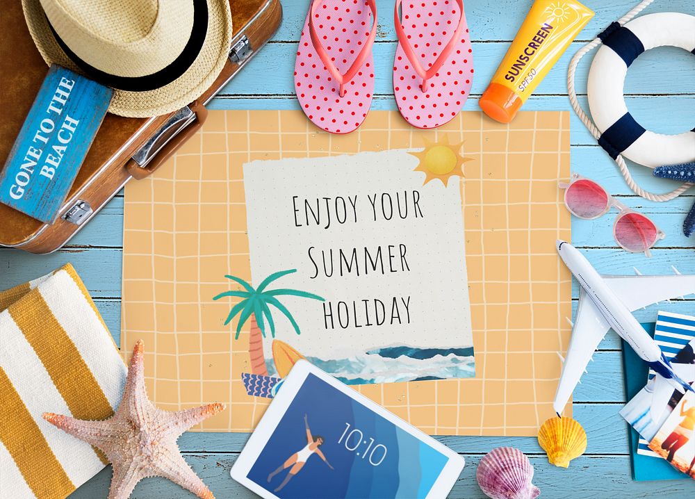 Summer vacation frame mockup, flat lay design 