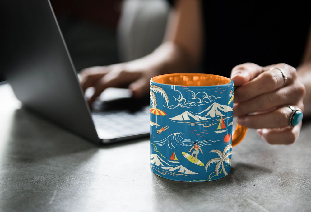 Coffee mug mockup, Summer tropical pattern design