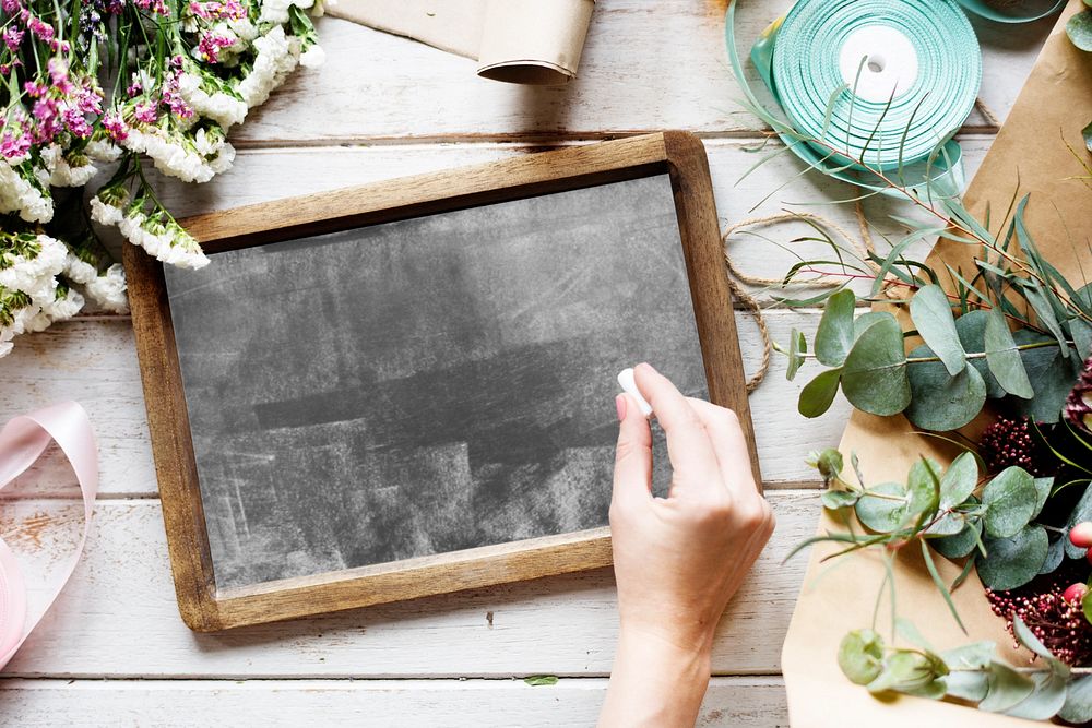 Chalk board mockup, realistic sign for florists