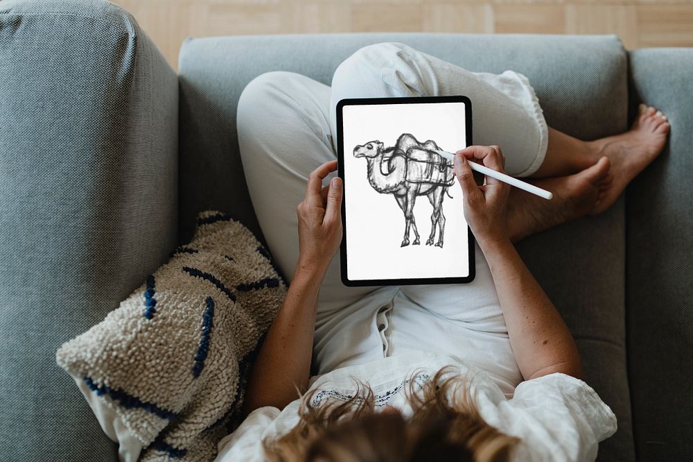 Digital tablet mockup, woman working from home 