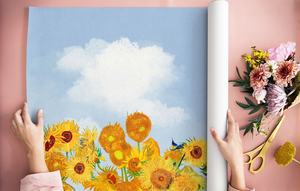 Paper roll mockup, Van Gogh's sunflower painting