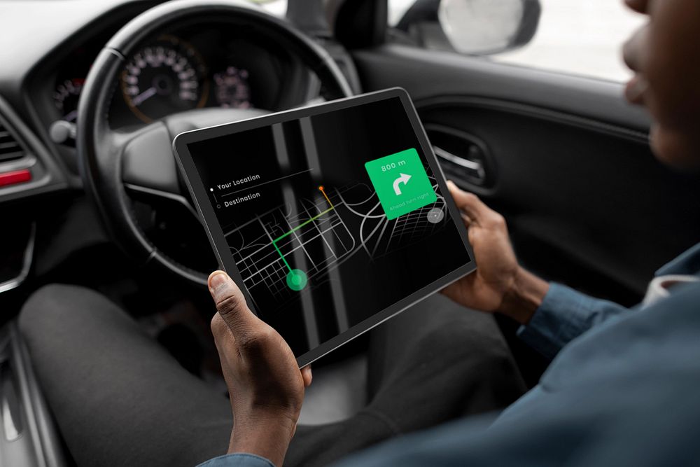 Tablet screen mockup, car driver