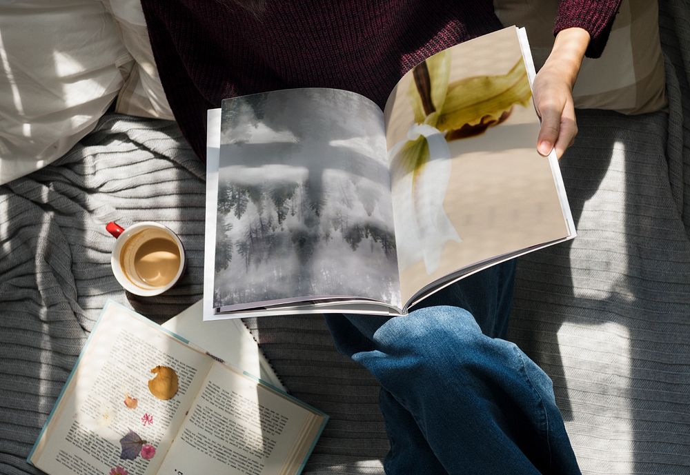 Magazine mockup, woman with coffee cup 