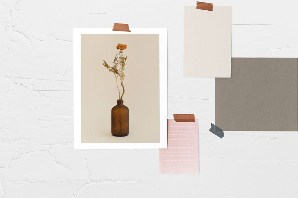 Paper collage mockup, white wall, aesthetic design 