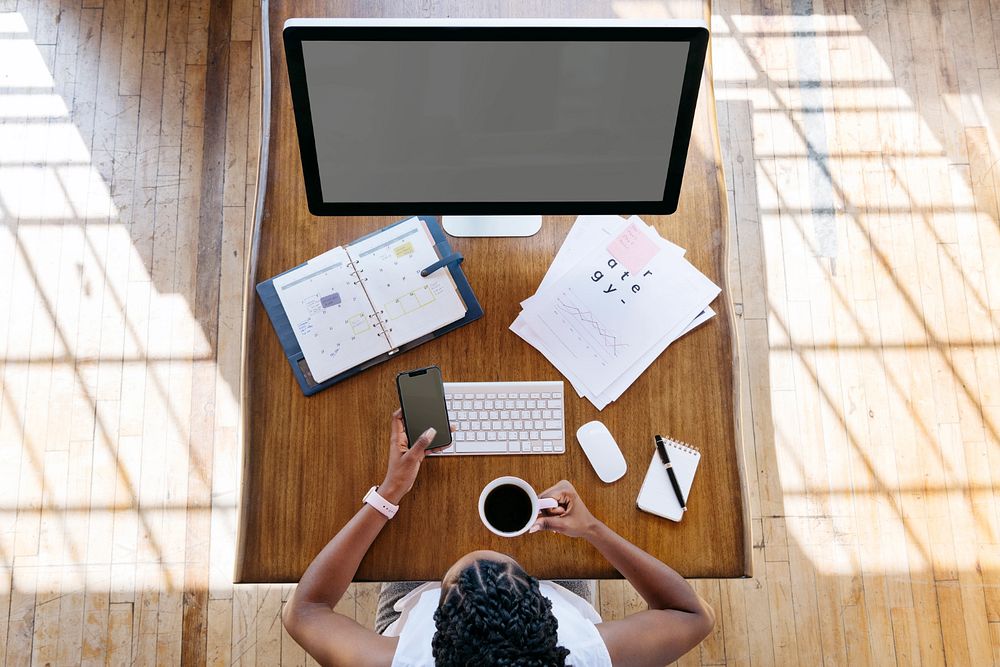 Computer screen mockup, woman working from home 