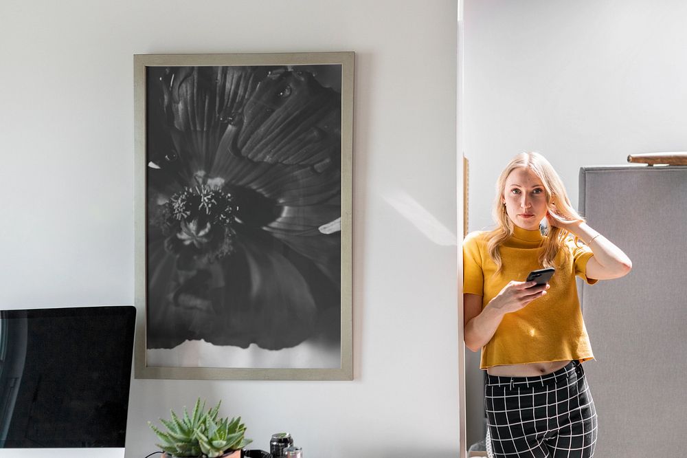 Picture frame mockup, blonde woman standing