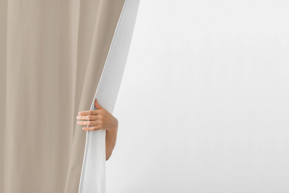 Curtain editable mockup, woman hand, home decoration