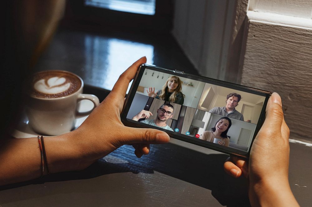 Phone screen mockup, video conference