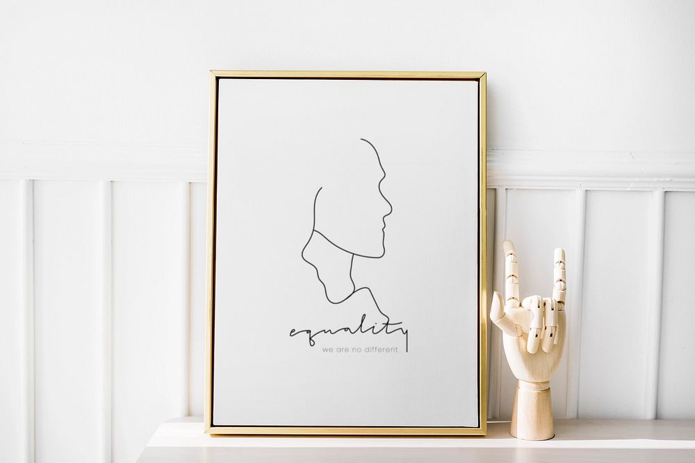 Gold photo frame mockup, hand mannequin, editable design