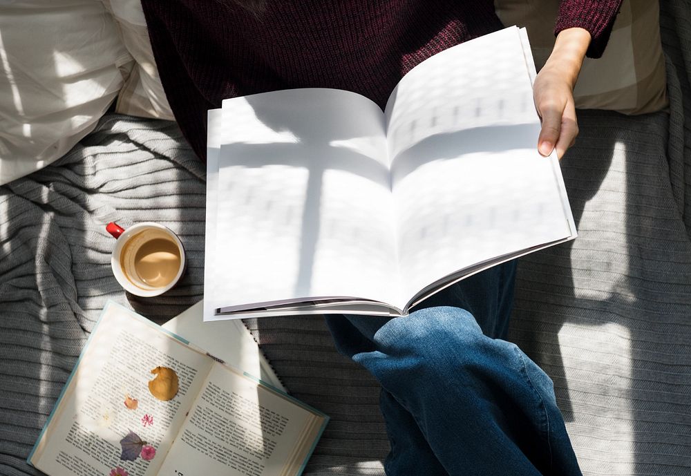 Magazine mockup, woman with coffee cup 