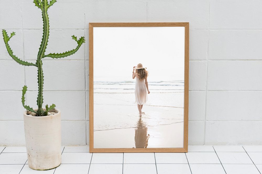 Frame editable mockup, woman at beach design 