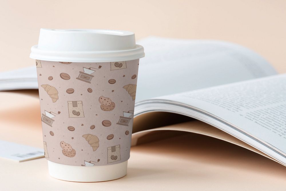 Disposable coffee cup mockup, food pattern