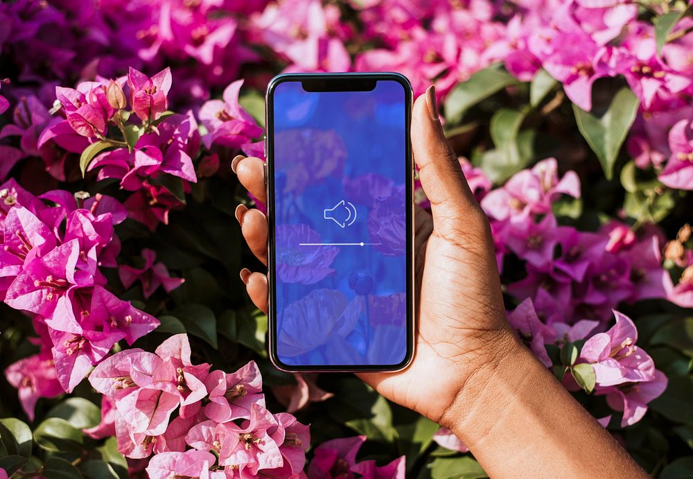 Mobile phone mockup, pink flowers wallpaper