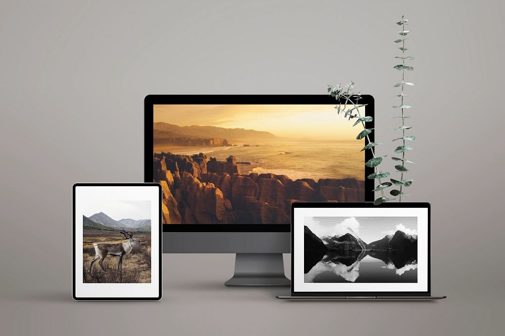 Digital device screen mockup, nature wallpapers