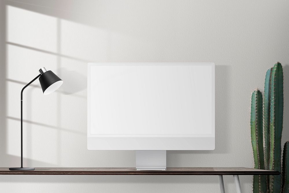Computer screen mockup, minimal home office, editable design