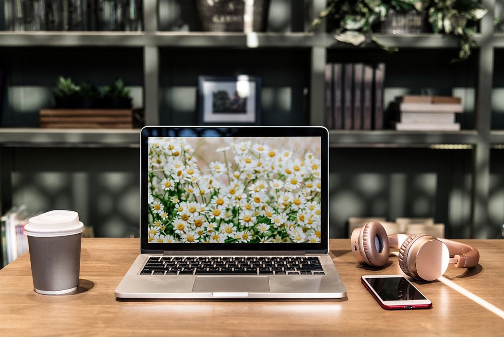 Laptop screen mockup, aesthetic workspace, editable design