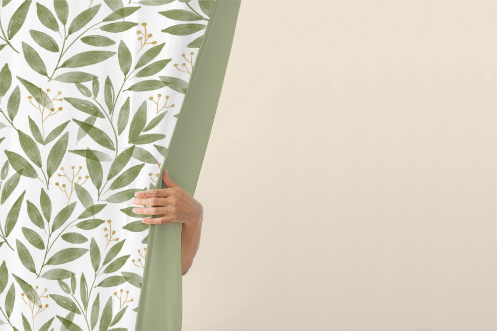 Curtain editable mockup, woman hand, home decoration