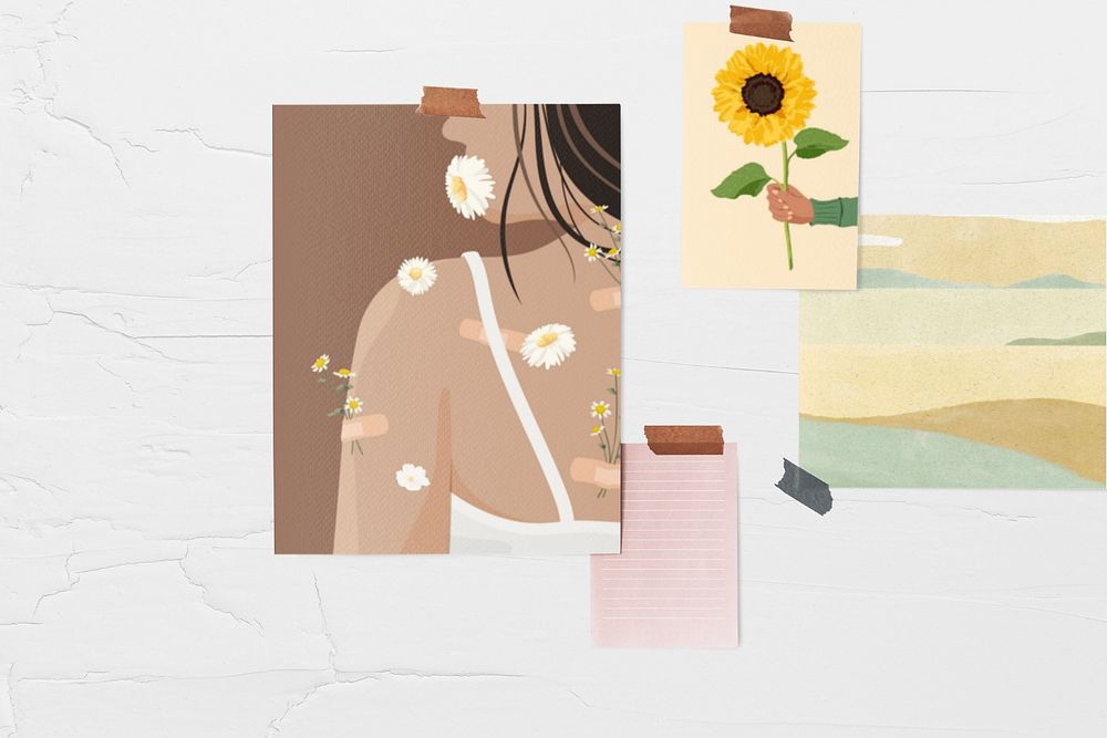 Paper collage mockup, white wall, aesthetic design 