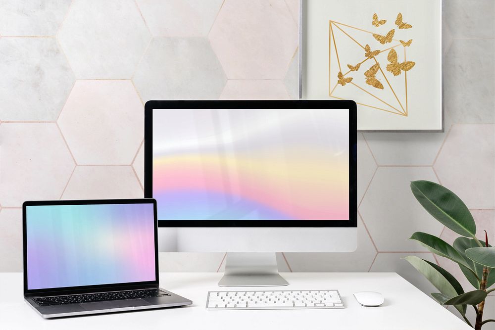 Multi device screen mockup, workstation, editable design