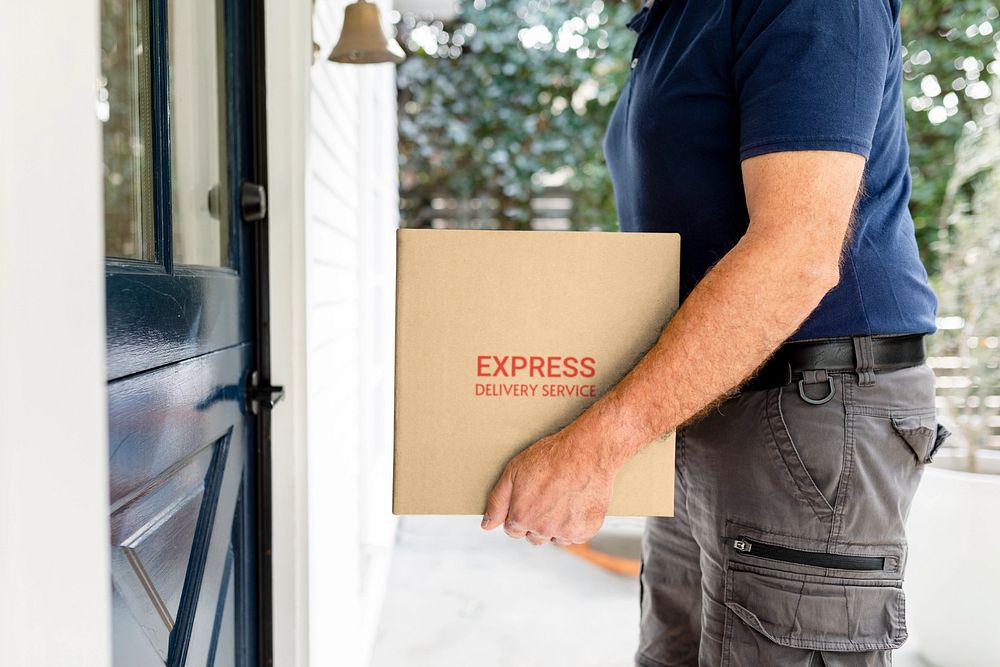 Parcel box mockup, delivery man