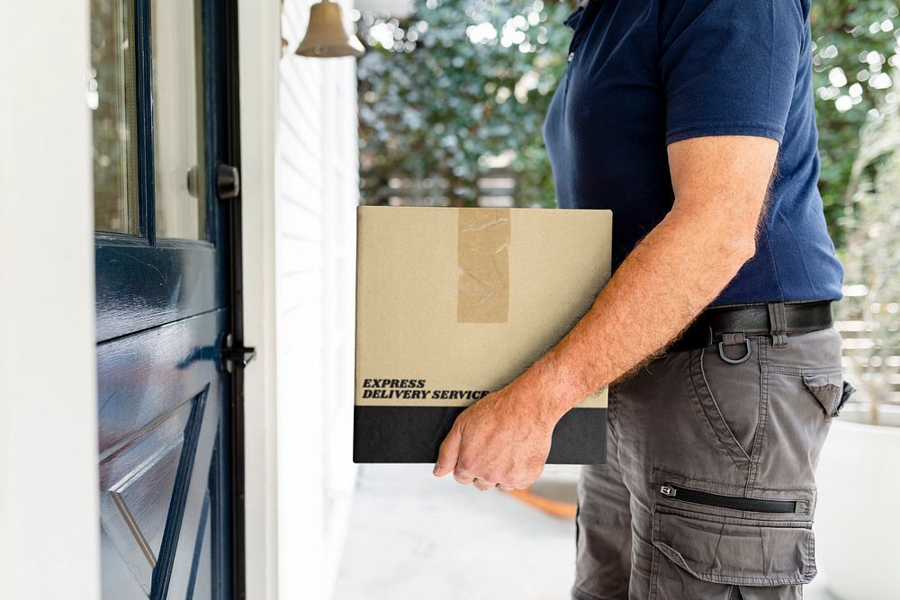 Parcel box mockup, delivery man