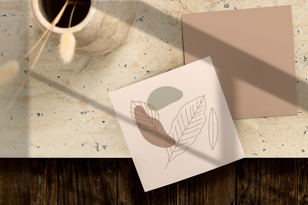 Invitation card mockup, minimal leaf illustration