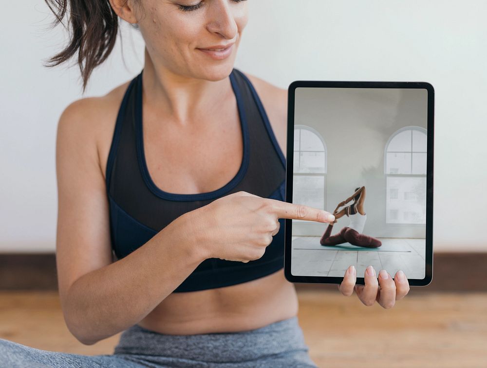 Tablet screen editable mockup, yoga woman