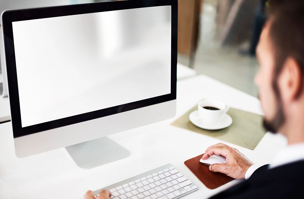 Computer screen mockup, man working, editable design