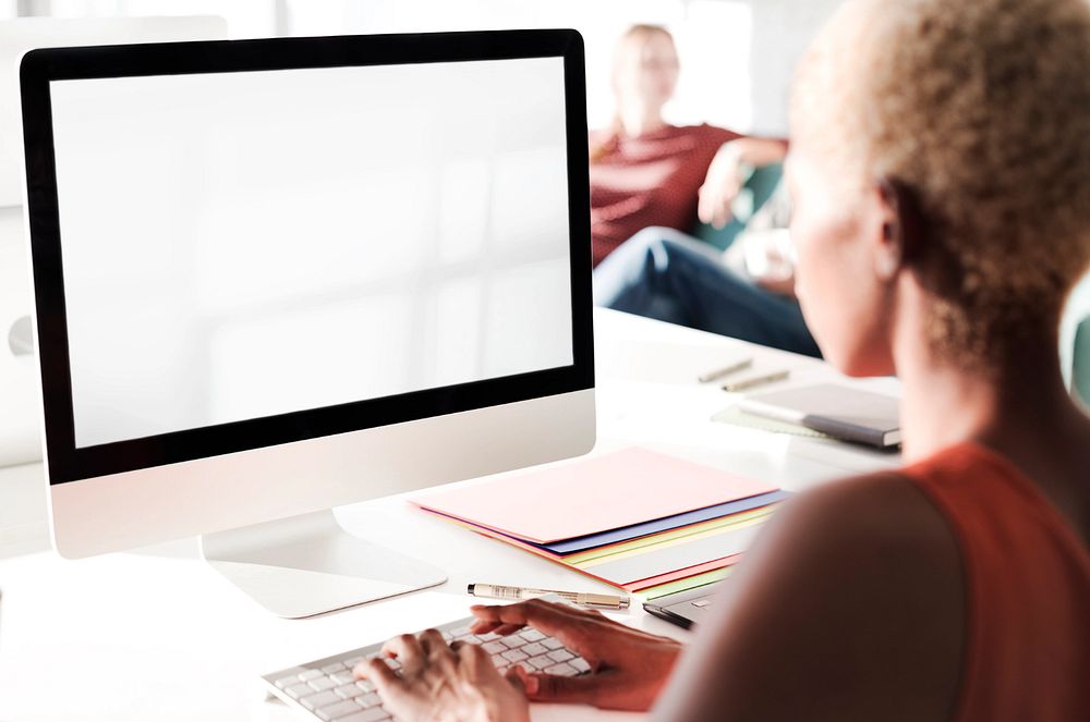 Computer screen mockup, woman working, editable design