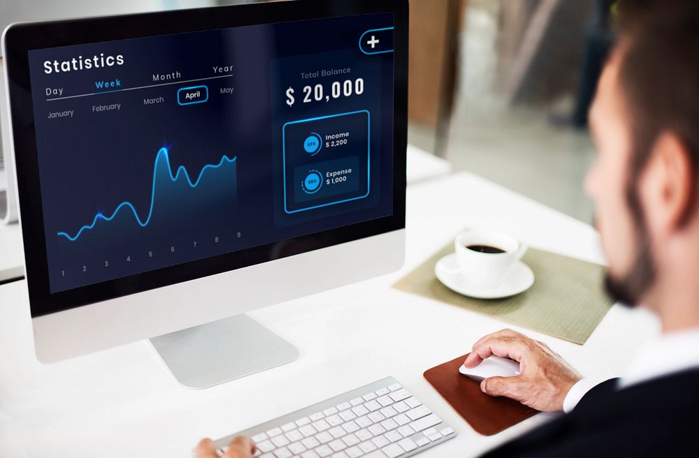 Computer screen mockup, man working, editable design