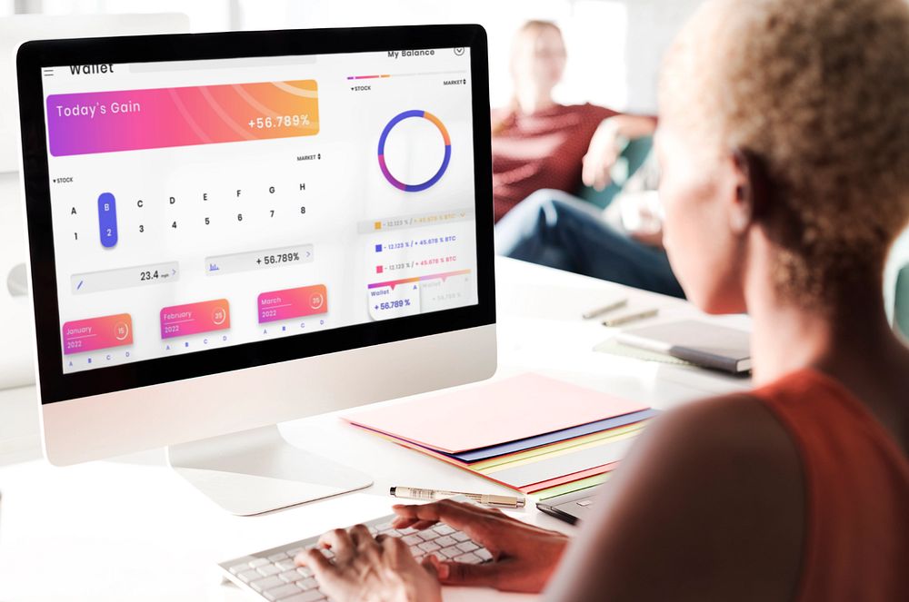 Computer screen mockup, woman working, editable design