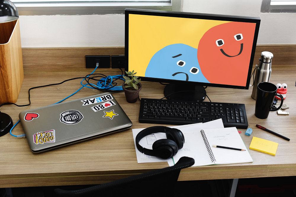 Computer screen mockup, desk setup, editable design
