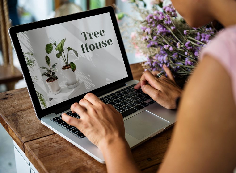 Laptop screen mockup, woman working design