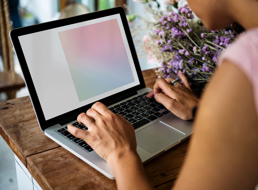 Laptop screen mockup, woman working design