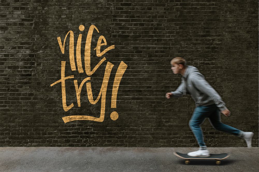 Brick wall mockup, man skating pass