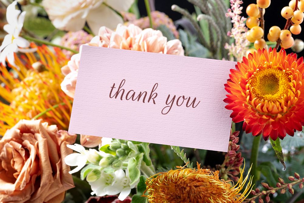 Bouquet greeting card mockup, thank you text