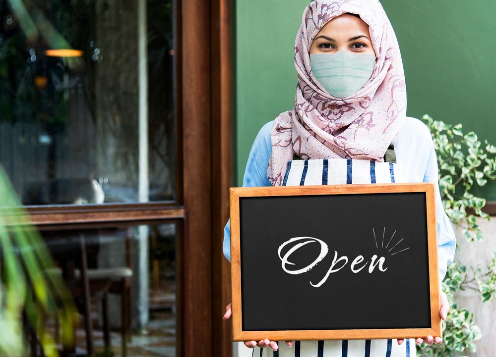 Open sign mockup, muslim woman business owner