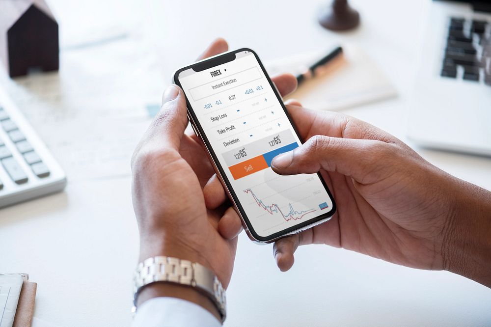 Mobile phone screen mockup, finance graphic digital device