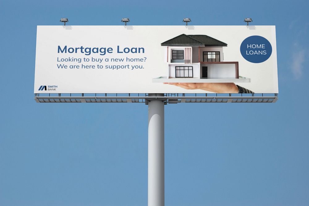 Mortgage loan billboard mockup, editable road advertising sign