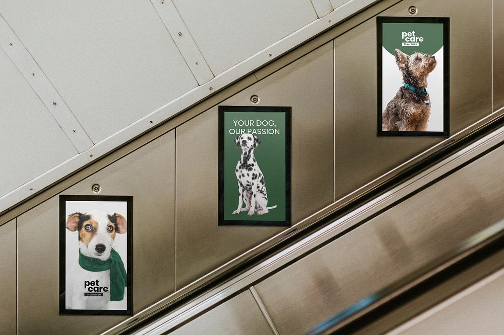 Pet insurance escalator billboard mockup, editable design