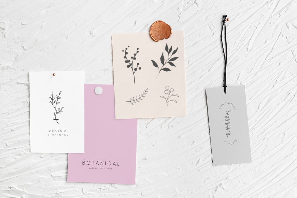 Editable branding label mockups, flat lay design