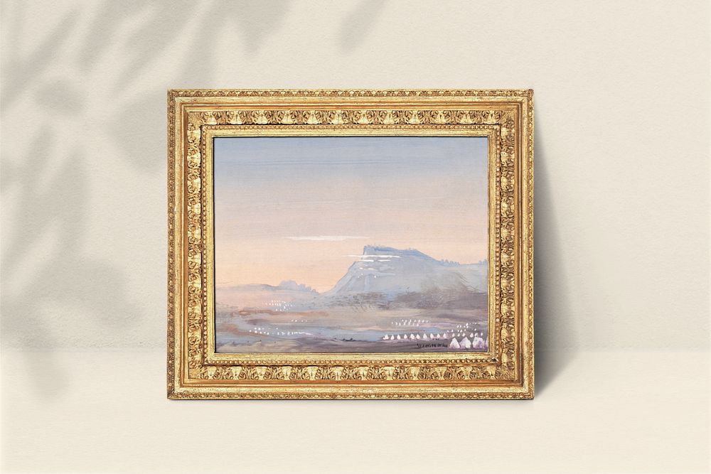 Gold picture frame editable mockup, vintage design with Lookout Mountain, Tennessee painting. Remixed by rawpixel.