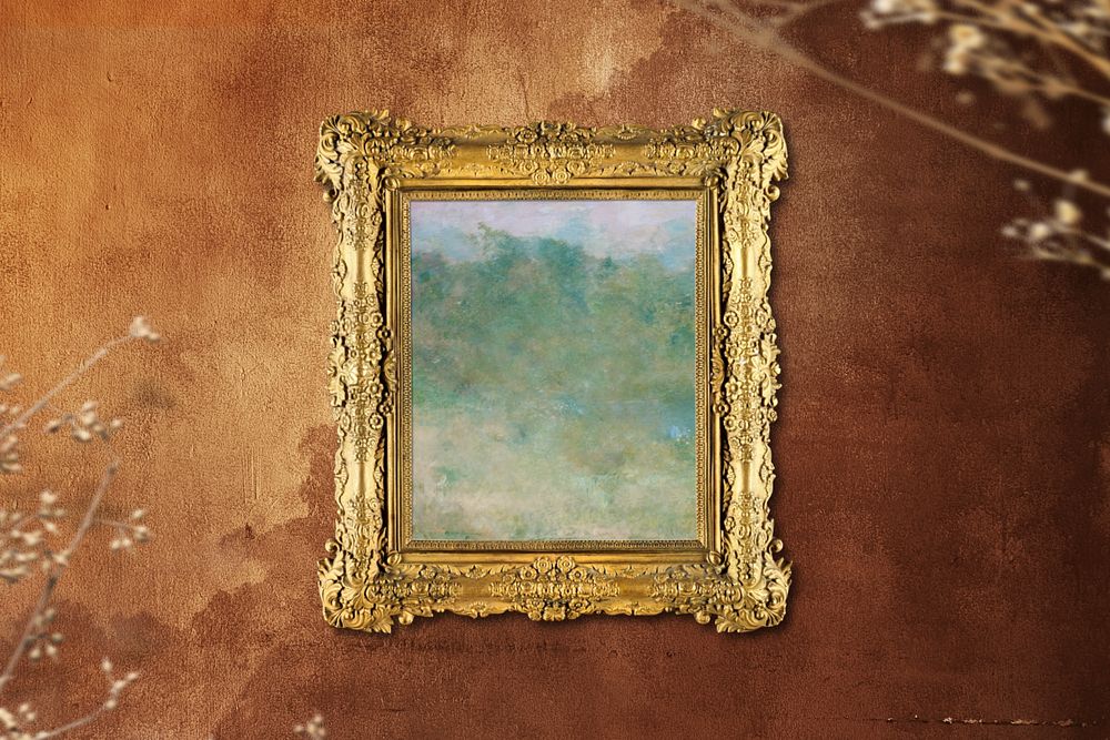 Gold picture frame editable mockup, vintage design with nature painting. Remixed by rawpixel.