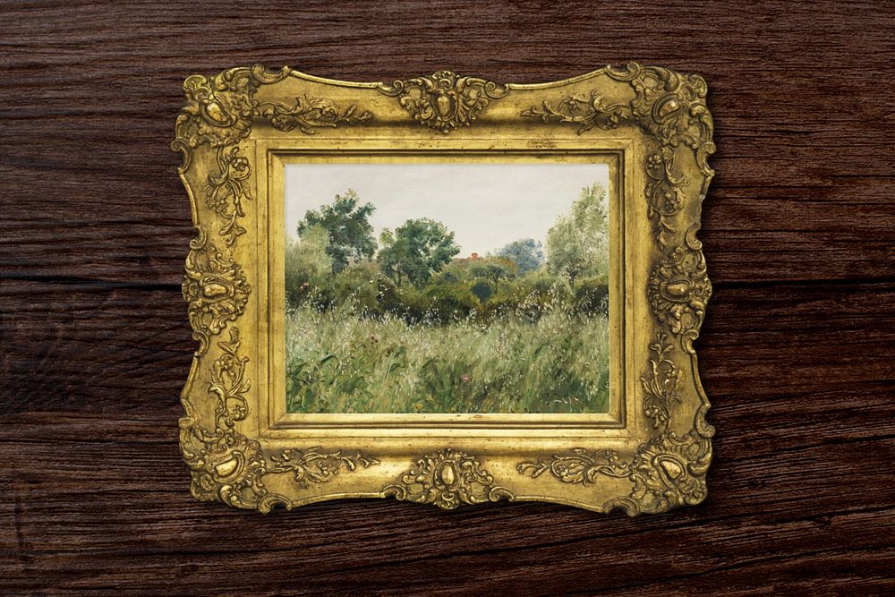 Gold picture frame editable mockup, vintage design with Ludovít Pitthordt's rose painting. Remixed by rawpixel.