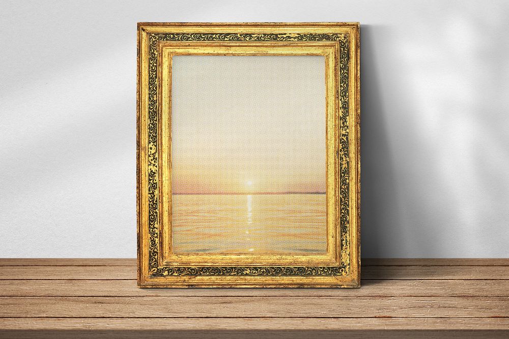 Gold picture frame editable mockup, vintage design with Greetings from Florida painting. Remixed by rawpixel.