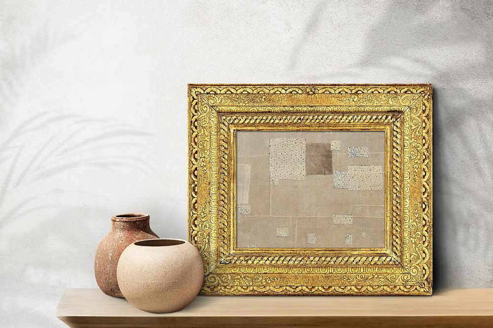 Gold picture frame editable mockup, vintage design with fabric patchwork. Remixed by rawpixel.