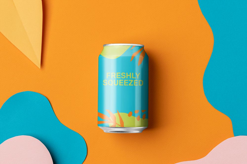 Editable soda can mockup, beverage product packaging design