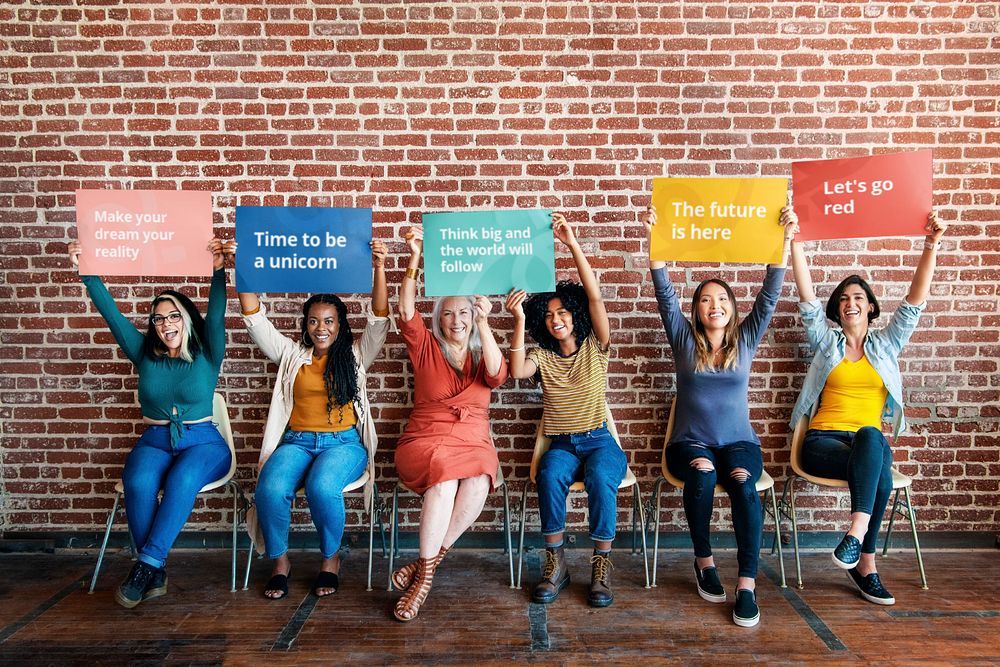 Sign editable mockup, diverse women photo
