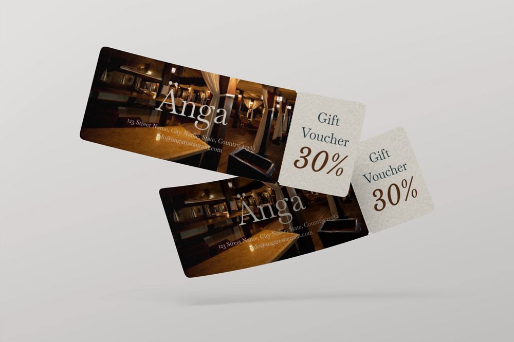 Restaurant gift voucher mockup, 3D design 